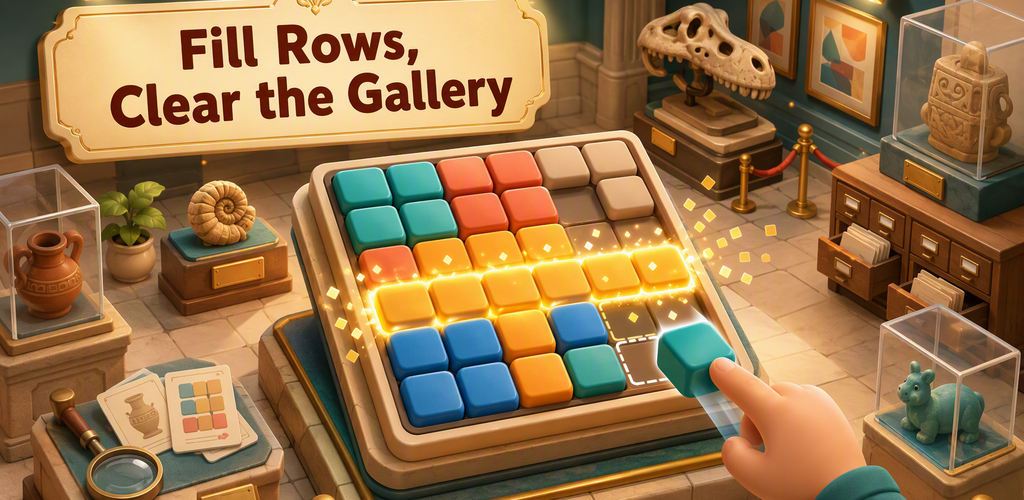 Museum Slide: Row Puzzle gameplay — colorful blocks arranged on an isometric museum floor